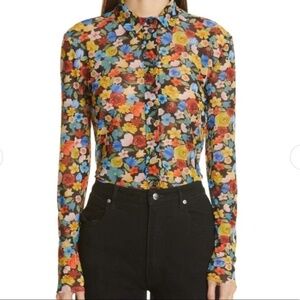 Ganni Mesh Long Sleeve Button Up Floral Print Shirt